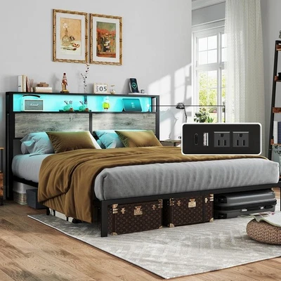 Armação de cama king size com cabeceira de armazenamento de carregamento, plataforma de metal cinza rústico - Imagem 1 de 4