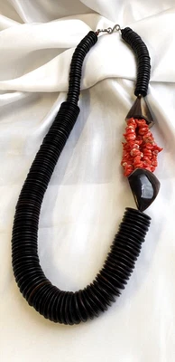 XXL große Designer Kette Horn und natürlicher Koralle 80 cm lang bis 4 cm breit - Bild 1 von 4