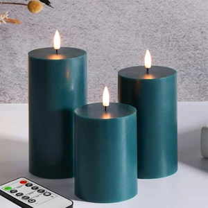 Green Flameless Pillar Candles with Remote, Flickering Battery Powered - Picture 1 of 5