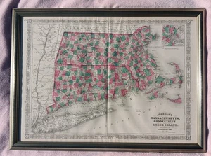 Orig Hand Colored 1869 Johnson Map MASS CT RI Boston FRAMED COA Old Map Gallery - Picture 1 of 24