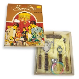 VTG 60s Bar Tool Set MCM Wood Handle Cocktail Strainer Jigger BOXED NOS Mad Men - Picture 1 of 12