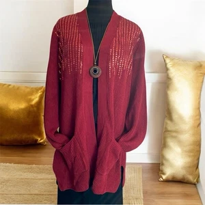 New Alfani Cardigan Sweater Cable Knit with Pockets Dark Red Size Large - Picture 1 of 12