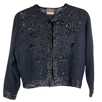 Cardigã Cyn Les Vintage 1950 Lã de Cordeiro e Lantejoulas Angorá Malha Frisada Preto 40 - Imagem 1 de 4