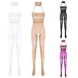 Body donna sexy pizzo trasparente maglia girocollo tuta intero calze body - Foto 1 di 66