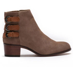 H By HUDSON LONDON Eris Block Heel Buckle BOOTS 40 9 Narrow Suede Leather Taupe - Picture 1 of 7
