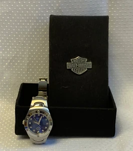 2007 Bulova Harley Davidson Ladies Watch in Box Blue Face Runs & Keeps Time - Picture 1 of 12