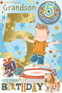 Grandson 5th Birthday Card & Badge - 5 Today Boy on Trampoline Gold Foil 9" x 6" - Picture 1 of 1