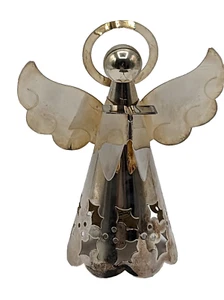 Christmas Angel Candle Holder Metal Silver Tone Holly - Picture 1 of 7