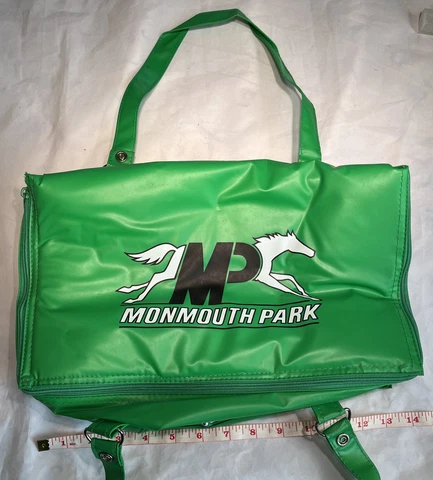 Vintage Monmouth Park Horse Race Track  Cooler Bag EUC Green White Strap Handle Cover