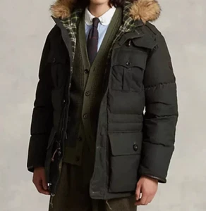 Polo Ralph Lauren piumino olio parka giacca pelliccia sintetica verde con cappuccio taglia M Medium - Foto 1 di 22
