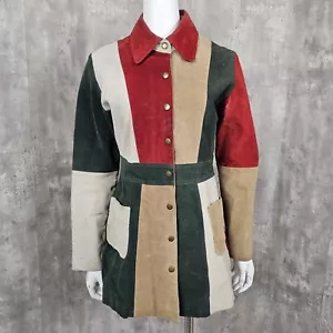 Cappotto vintage anni 90 fa 70 labbra taglia M patchwork pelle scamosciata snap davanti pea - Foto 1 di 20