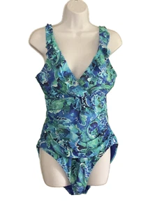 Lauren Ralph Lauren One Piece Swimsuit Women Size 14 Blue Tropical Floral Ruffle - Picture 1 of 20