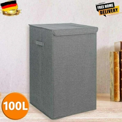 Große Wäschekorb Wäschesammler Grau 100L mit Deckel Faltbarer Aufbewahrungskorb. - Bild 1 von 4