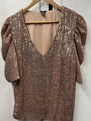 M&CO Rose Gold Glittery festive Party Sequin Top Ruched Shoulders Size 18 Fit 16 - Image 1 of 4