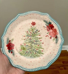 New Pioneer Woman Cheerful Rose Christmas Tree Appetizer Plate Teal Edge Bottom - Picture 1 of 6