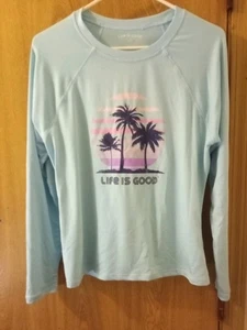 Life is Good Ladies Large Long Sleeve Sunshirt UPF 50+ Palm Tree Sky Blue Design - Picture 1 of 11