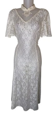 Vtg 80s Womens Ivory Lace Sheer Babydoll Prairie Cottagecore Bridal Dress Sz XL - Image 1 of 4