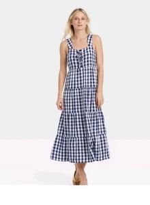 Who What Wear Womens Dress S Blue Gingham Linen Country Beachy Farm Lace Up - Picture 1 of 9