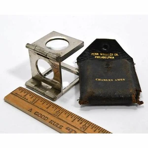 Antique GERMAN BRASS FOLDING LOUPE Magnifying Glass w/ Case mrk'd "Charles Ames" - Picture 1 of 11