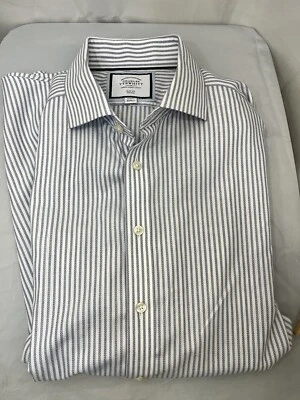 Charles Tyrwitt Men’s Slim Fit 17/36 Blue And White Striped Button Front No Iron - Image 1 of 4