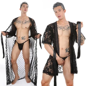 Hombres Vestido de Encaje Vestido Baño Sissy Ropa de Noche Ver a través de la Ropa Interior Pijama - Imagen 1 de 15