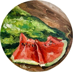 Wassermelone Obst Original Ölgemälde Stillleben Essen Kunst rund signiert Küche - Bild 1 von 8