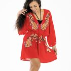 Pia Rossini Salamanca Dress Coverup Embroidered Floral Beach Vacation Red Medium