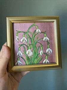 Schneeglöckchen Blumen Original Gemälde 4/4, Kunstwerk, Mini, klein, gerahmt, gold - Bild 1 von 9
