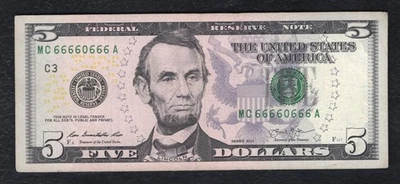 2013 $5 FRN FEDERAL RESERVE NOTE “NEAR SOLID 6’s S/N MC66660666A” VERY FINE+ - Image 1 of 2