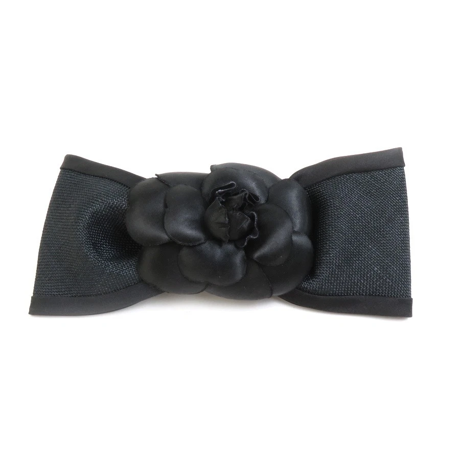 Auth CHANEL Camellia Ribbon Barrette Hair Clip Black Satin/Nylon - h30327f - Image 1 of 4