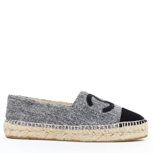 CHANEL grey tweed velvet CC logo toe cap espadrille shoes EU38 - Picture 1 of 11