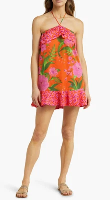 Vestido de encubrimiento Farm Rio para mujer pequeño romántico jardín floral estampado pop de leopardo Foto 1 de 4