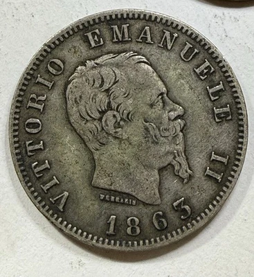 ITALY 1863 M (BN) 1 LIRA KM5a.1, 83.5% SILVER - Image 1 of 2