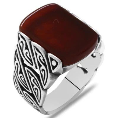 Solid 925 Sterling Silver Ivy Design Red Agate Stone Men's Ring - Image 1 of 3