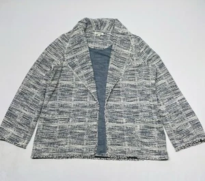 Blue Gray Shadow Plaid Fringe Hem Knit Open Cardigan Sz XL Boho Lagenlook Hippie - Picture 1 of 16