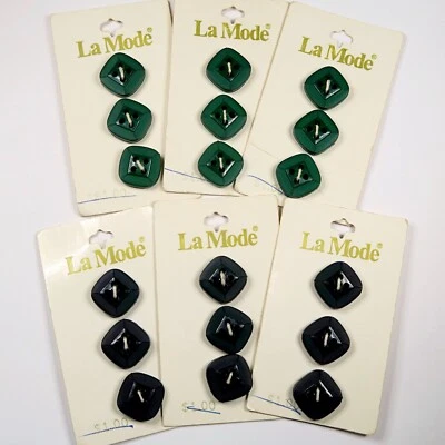 1980s La Mode Buttons – 6 Cards NOS Black & Green Square, 3/4-Inch, Ireland, JRB - Image 1 of 4