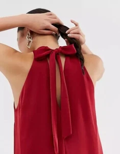 Sexy Crimson Red River Island High Neck Halter Tie Neck Bow Swing Top UK8 US4 - Picture 1 of 3