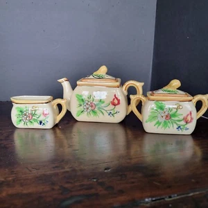 Vtg Tea Set Is pot cream sugar pair flowers Small cottage granny core Japan - Picture 1 of 18