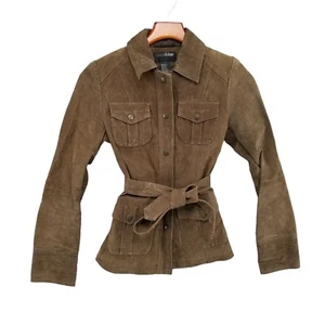 Outer Edge Leather Belted Jacket Womens Brown Collared Snap Front Size S - Picture 1 of 15