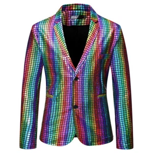 Men Check Plaid Metallic Shiny Jacket Suit Blazer Coat Party Showman Fancy Dress - Photo 1 sur 15