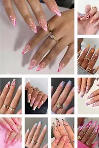 24Pcs Long Coffin Ballerina Almond Press On False Fake Nails Art With Glue Box - Picture 1 of 23