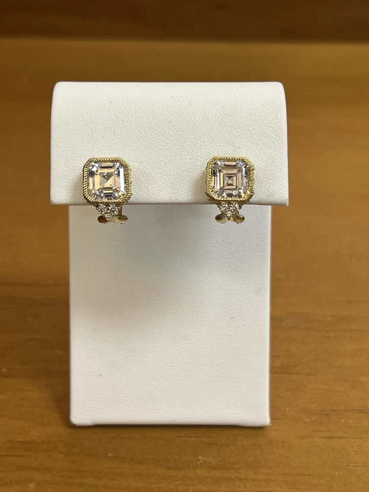 Judith Ripka Earrings Gold on Sterling Silver Ascher Cut CZ Earrings Omega Backs - Image 1 of 4