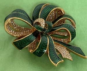 Grande spilla vintage Joan Rivers smalto verde e nastro cristallo fiocco (3 x 2,5) RARA - Foto 1 di 3