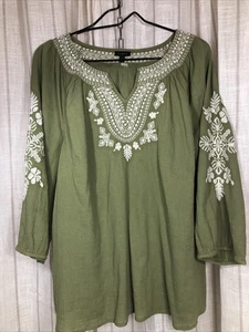 Talbots Tunika Oberteil Damen XL grün bestickt Boho Bauernbluse 3/4 Ärmel - Bild 1 von 9