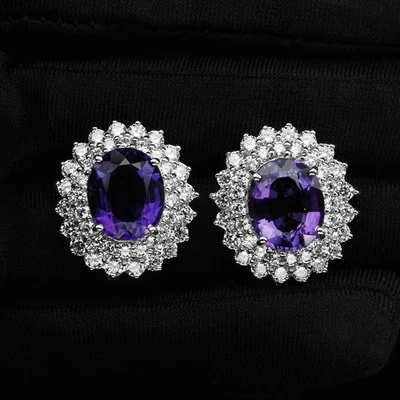 Pendientes de doble halo hechos a mano de plata de ley 925 de 9 quilates raros de amatista púrpura vivo Foto 1 de 4