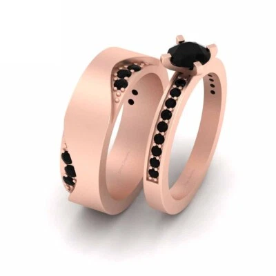 Обручальное кольцо с черным ониксом соответствующий комплект обручальных колец его и ее обещание - Изображение 1 из 4