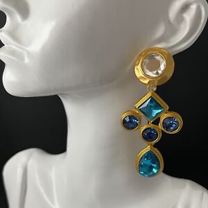 Matte Gold Pierced Chandelier Earrings Aquamarine Blue Bezel Crystal Runway Bold