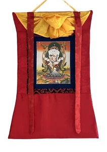 GANESHA/ GANPATI/VINAYAKA ORIGINAL PAUBHA/THANGKA PAINTING WITH SILK BROCADE - Picture 1 of 10
