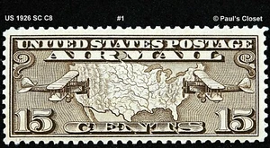 US 1926 SC C8 AIRMAIL MAP OF US & WITH 2 BIPLANES 15¢, OLIVE BROWN MNH VFINE #1 - Picture 1 of 2
