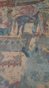 TEAL YELLOW TERRACOTTA ANCENT LIFE PRINTED COTTON REMNANT HOME DECOR FABRIC - Picture 1 of 4